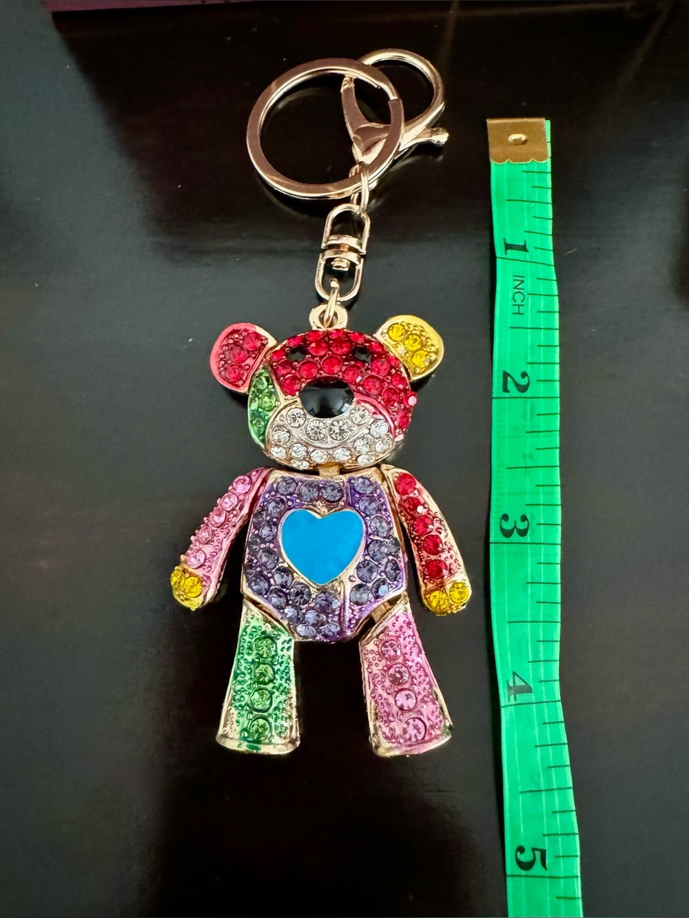 Large 5” Rainbow Crystal Movable Teddy Bear Blue Heart Purse Charm NWOT - Picture 4 of 4